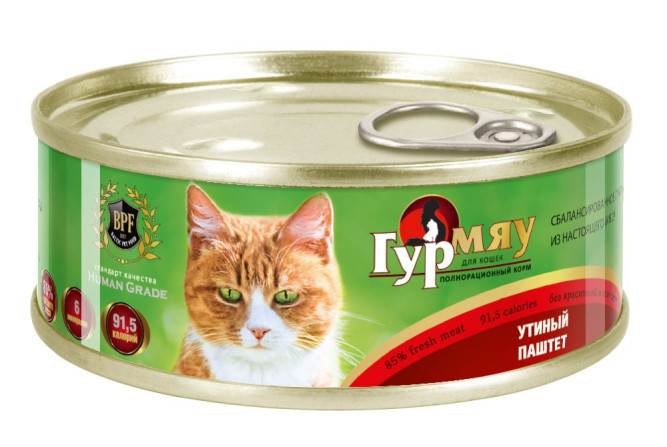 Гурмяу влажный корм для взрослых кошек утиный паштет, в консервах - 100 г х 24 шт