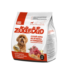 ZOOFOOD полнорационный сухой корм для собак малых и мелких пород с ягненком, говядиной и морковью - 1,1 кг