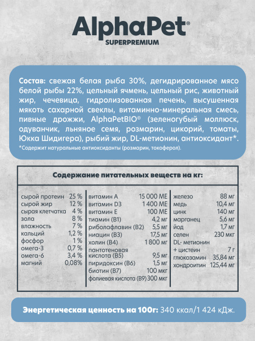 AlphaPet Superpremium Monoprotein сухой корм для взрослых собак средних и крупных пород с белой рыбой - 2 кг