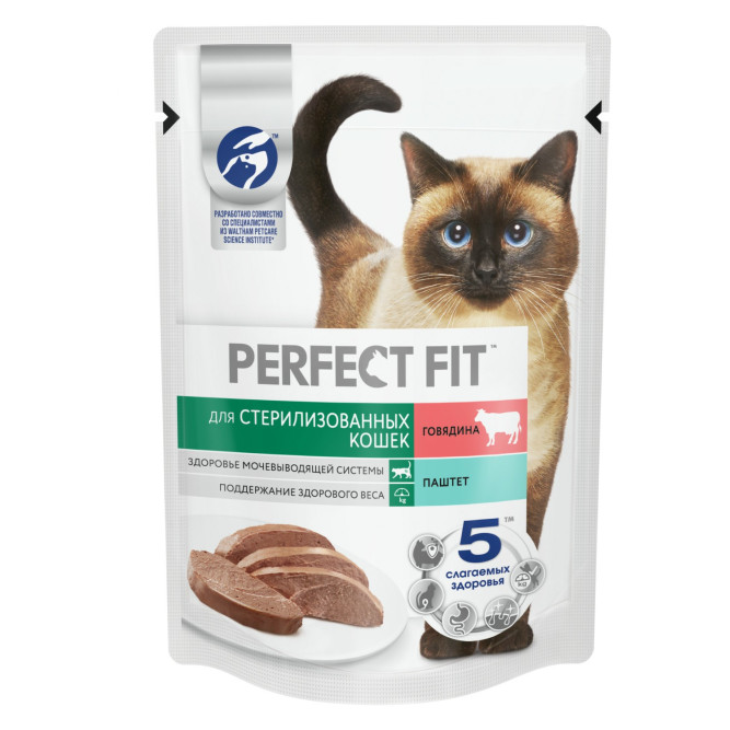 Perfect Fit влажный корм для стерилизованных кошек, паштет с говядиной, в паучах - 75 г х 28 шт