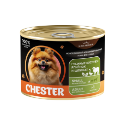 Chester Premium влажный корм для взрослых собак мелких пород, гусиные кусочки, ягненок и шпинат, в консервах - 240 г х 12 шт