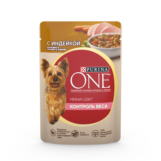 Purina ONE Мини влажный корм для собак мелких пород при излишнем весе с индейкой, морковью и горохом в подливе, в паучах - 85 г х 26 шт