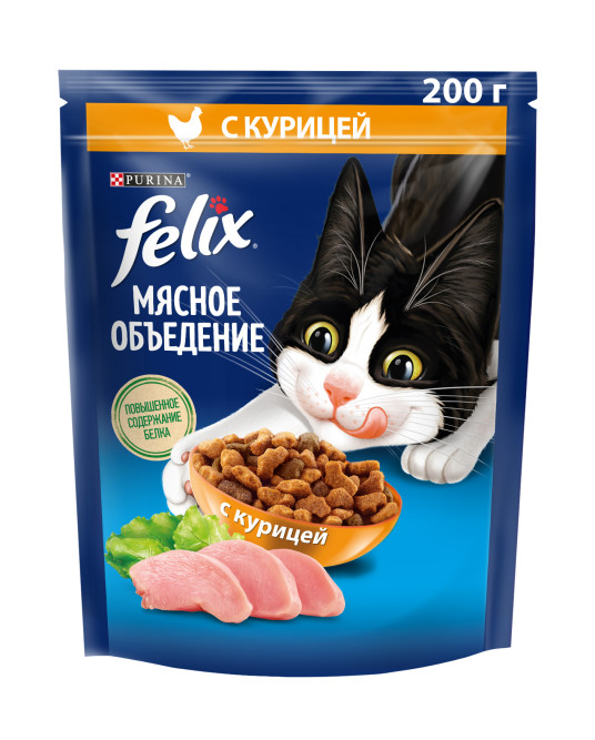 Сухой корм Felix Мясное объедение для взрослых кошек с курицей - 200 г
