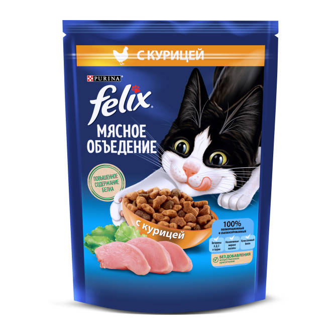 Сухой корм Felix Мясное объедение для взрослых кошек с курицей - 200 г