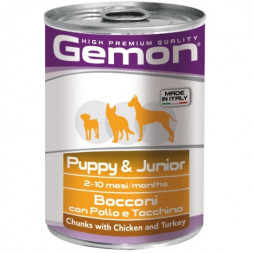 Gemon Dog влажный корм для щенков и юниоров с кусочками курицы и индейки в консервах 415 г х 24 шт