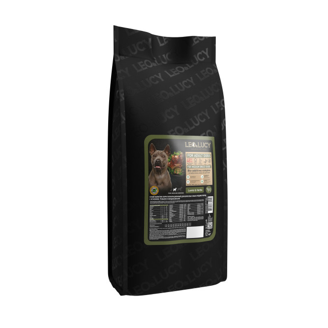 LEO&amp;LUCY сухой холистик корм для взрослых собак средних пород с ягненкоми травами - 12 кг