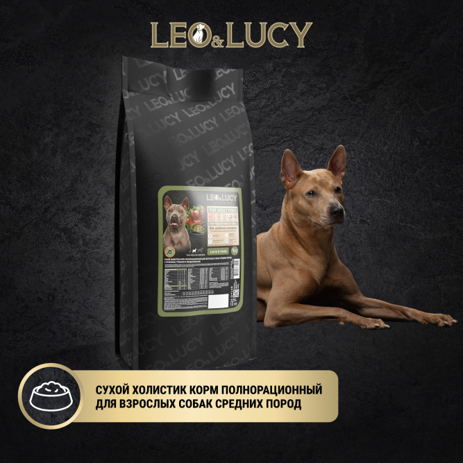 LEO&amp;LUCY сухой холистик корм для взрослых собак средних пород с ягненкоми травами - 12 кг