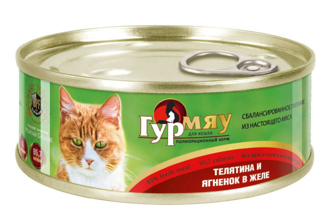 Гурмяу влажный корм для взрослых кошек с телятиной и ягненком в желе, в консервах - 100 г х 24 шт