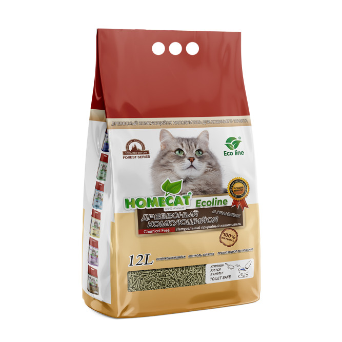 HOMECAT Ecoline древесный комкующийся наполнитель в гранулах - 12 л (4 кг)