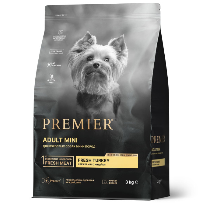 Premier Dog Turkey Adult Mini сухой корм для собак мелких пород, свежее мясо индейки - 3 кг