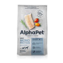 AlphaPet Superpremium Monoprotein сухой корм для взрослых собак средних и крупных пород с белой рыбой - 12 кг