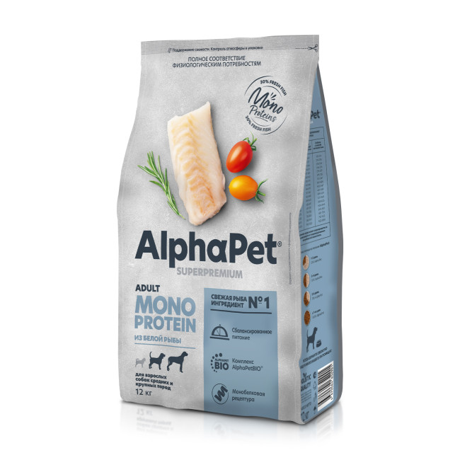 AlphaPet Superpremium Monoprotein сухой корм для взрослых собак средних и крупных пород с белой рыбой - 12 кг