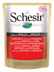 Schesir Cat Adult влажный корм для взрослых кошек с цыпленком и окунем в паучах в желе - 100 г х 20 шт