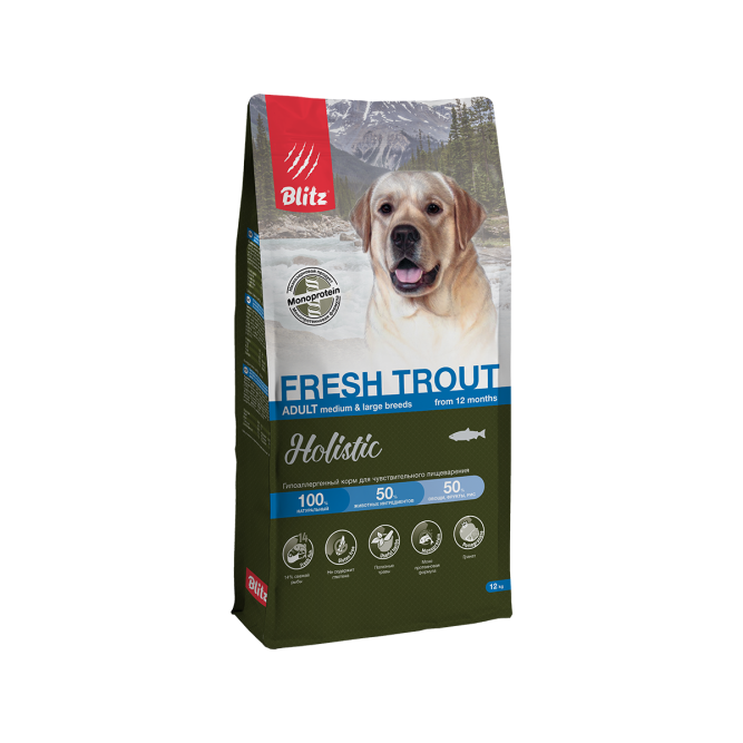 Blitz Holistic Fresh Trout сухой монопротеиновый корм для взрослых собак средних и крупных пород, при чувствительном пищеварении со свежей форелью - 12 кг