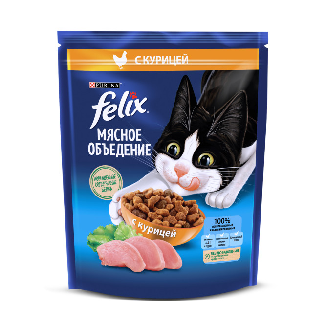 Сухой корм Felix Мясное объедение для взрослых кошек с курицей - 600 г