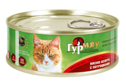Гурмяу влажный корм для взрослых кошек мясное ассорти с потрошками, в консервах - 100 г х 24 шт