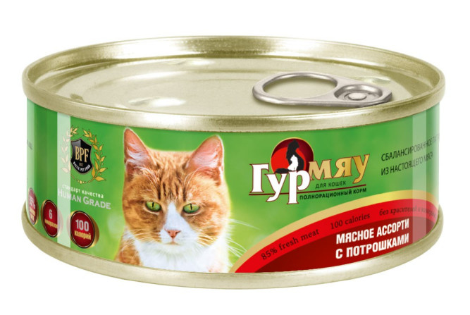 Гурмяу влажный корм для взрослых кошек мясное ассорти с потрошками, в консервах - 100 г х 24 шт