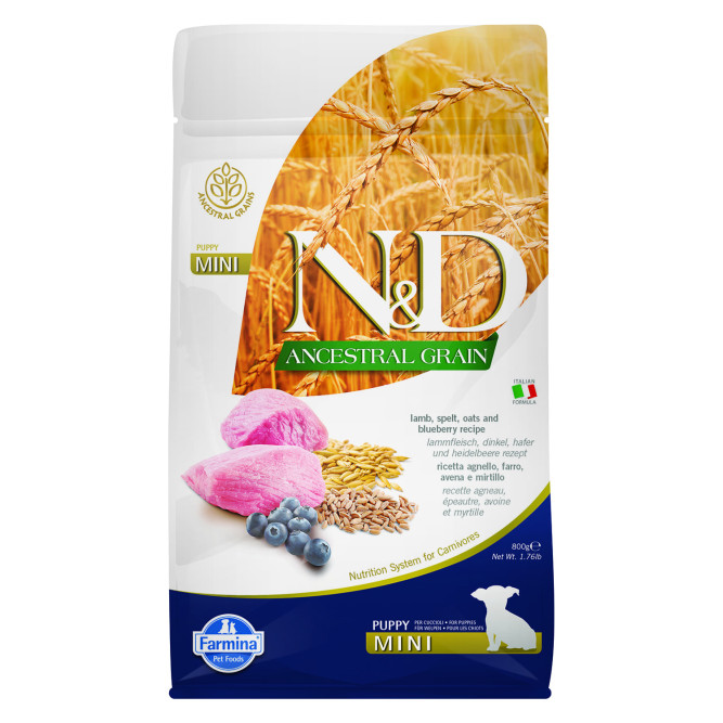 Farmina N&amp;D Ancestral Grain Dog Lamb &amp; Blueberry Puppy Mini сухой низкозерновой корм для щенков мелких пород с ягненком и черникой - 800 г