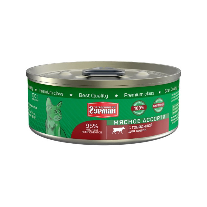 Четвероногий Гурман Мясное ассорти с говядиной консервированный корм для кошек - 100 г (24 шт)