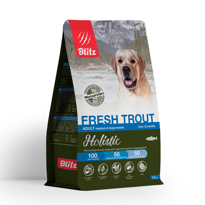 Blitz Holistic Fresh Trout сухой монопротеиновый корм для взрослых собак средних и крупных пород, при чувствительном пищеварении со свежей форелью - 1,5 кг