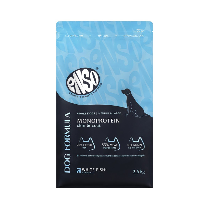 ENSO Dog Formula Monoprotein сухой корм для взрослых собак средних и крупных пород со свежей белой рыбой и добавлением брокколи - 2,5 кг