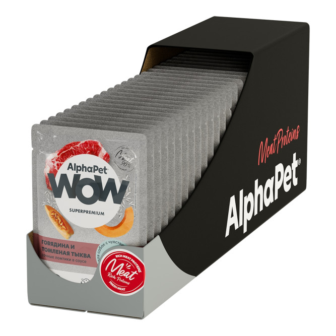 AlphaPet WOW Superpremium влажный корм для взрослых собак всех пород с чувствительным пищеварением с говядиной и томленной тыквой, сочные ломтики в соусе, в паучах - 85 г х 28 шт