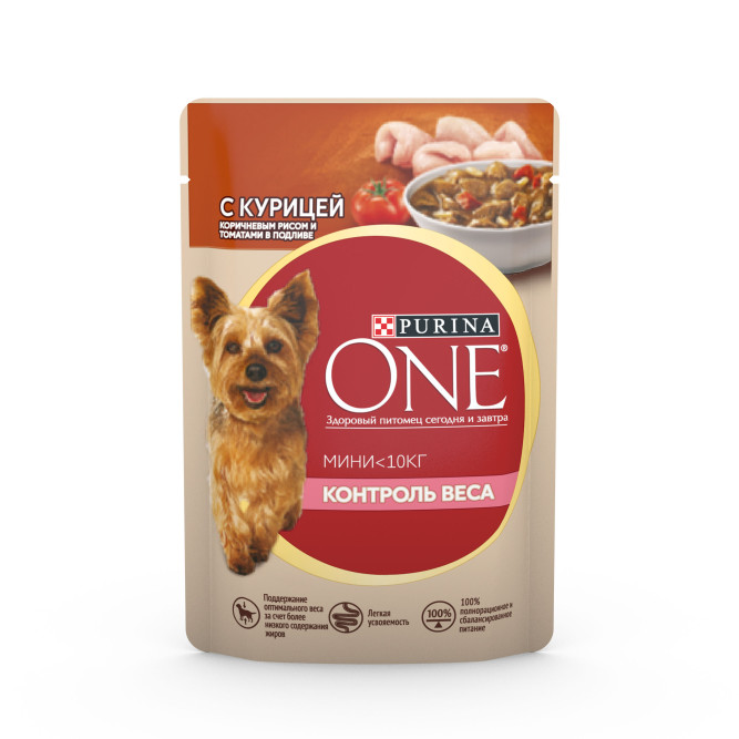 Purina ONE Мини влажный корм для собак мелких пород при лишнем весе с курицей, коричневым рисом и томатами в подливе, в паучах - 85 г х 26 шт