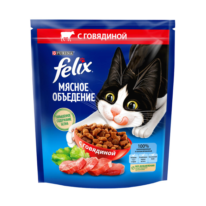 Сухой корм Felix Мясное объедение для взрослых кошек с говядиной - 600 г