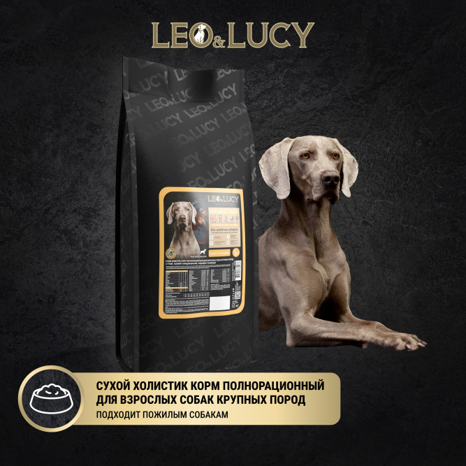 LEO&amp;LUCY сухой холистик корм для взрослых и пожилых собак крупных пород с уткой и тыквой - 12 кг