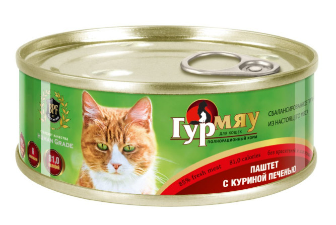 Гурмяу влажный корм для взрослых кошек паштет с куриной печенью, в консервах - 100 г х 24 шт