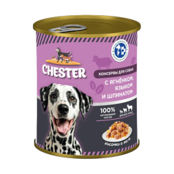 Chester влажный корм для взрослых собак всех пород с ягненком, языком и шпинатом, кусочки в желе, в консервах - 850 г х 6 шт