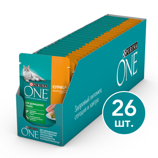 Purina ONE паучи для кошек при домашнем образе жизни с курицей и морковью  - 75 г х 26 шт