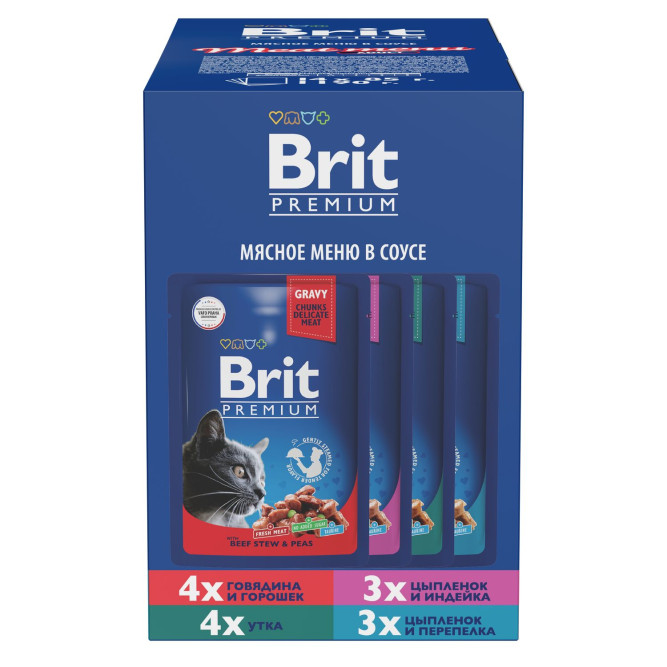 Брит Премиум Особые меню влажный корм для взрослых кошек в паучах, Мясное меню в соусе - 85 г х 14 шт