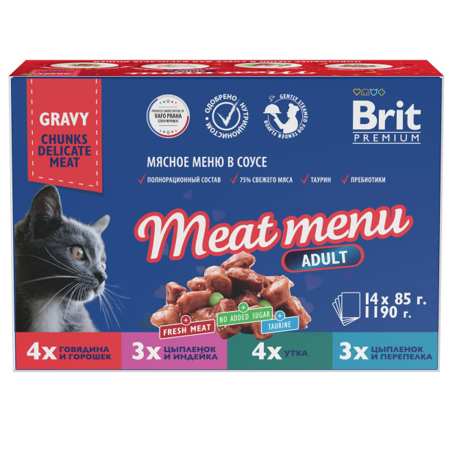 Брит Премиум Особые меню влажный корм для взрослых кошек в паучах, Мясное меню в соусе - 85 г х 14 шт