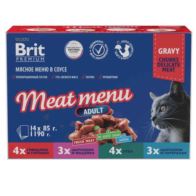 Брит Премиум Особые меню влажный корм для взрослых кошек в паучах, Мясное меню в соусе - 85 г х 14 шт