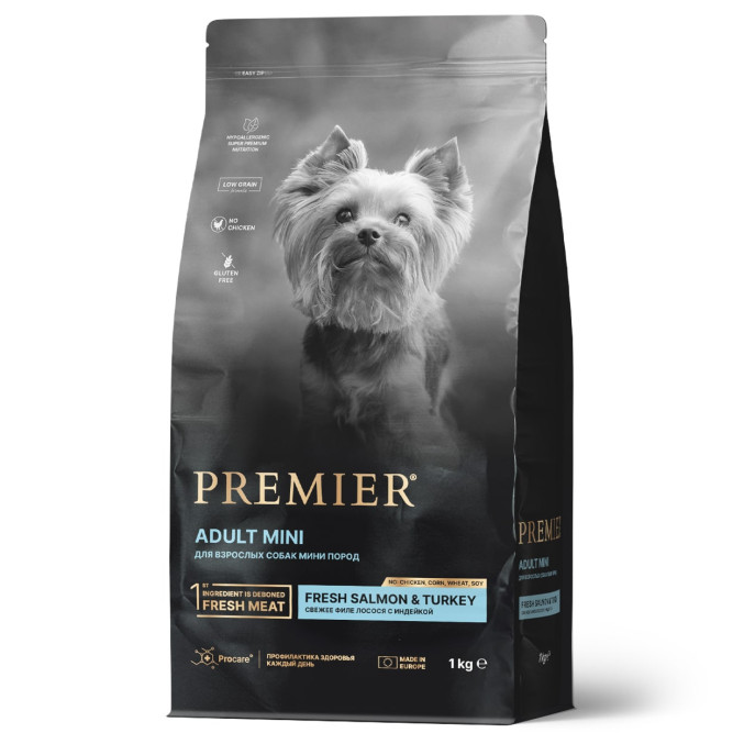 Premier Dog Salmon &amp; Turkey Adult Mini сухой корм для собак мелких пород, свежее филе лосося с индейкой - 1 кг