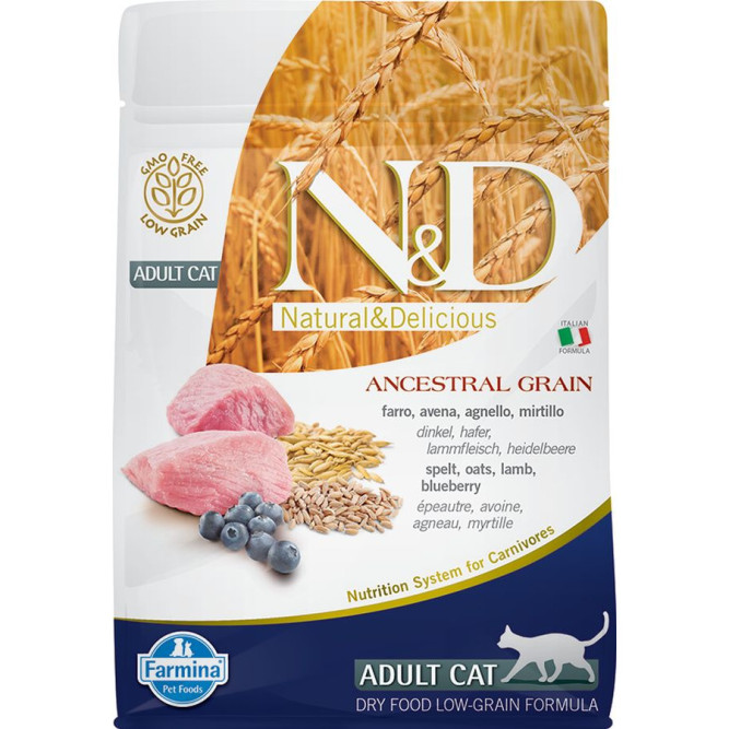 Farmina N&amp;D Ancestral Grain Cat Lamb, Spelt, Oats And Blueberry Adult сухой низкозерновой корм для взрослых кошек с ягненком и черникой - 300 г