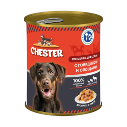 Chester влажный корм для взрослых собак всех пород с говядиной и овощами, кусочки в желе, в консервах - 850 г х 6 шт