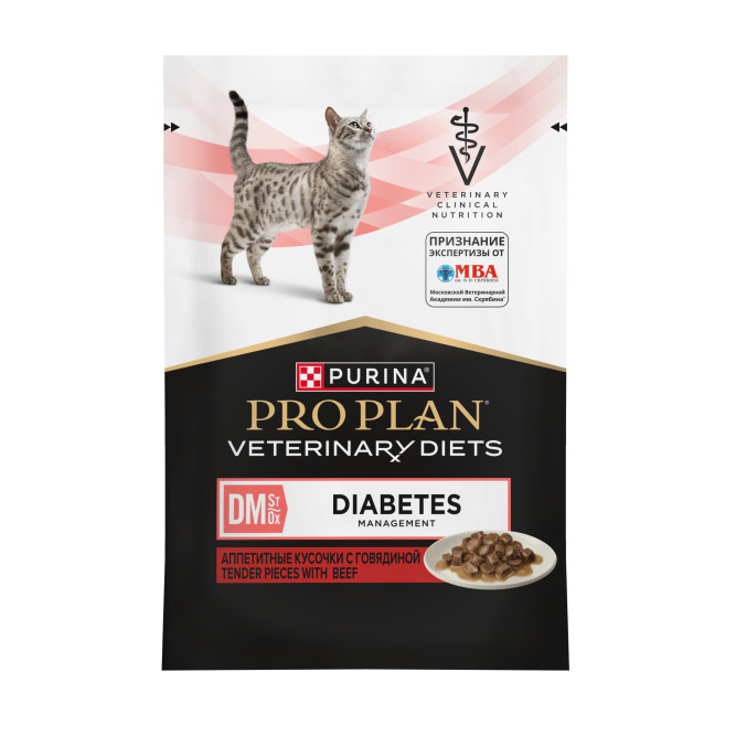 Purina Pro Plan Veterinary Diets DM St/Ox Diabetes Management диетический влажный корм для котят и взрослых кошек при сахарном диабете с говядиной в соусе, в паучах - 85 г х 26 шт