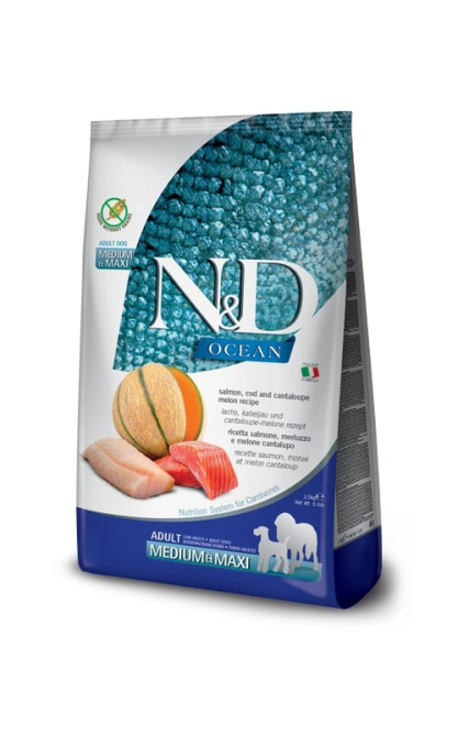 Farmina N&amp;D Ocean Dog Salmon, Codfish &amp; Cantaloupe Melon Adult Medium &amp; Maxi сухой беззерновой корм для взрослых собак средних и крупных пород с лососем, треской и дыней - 12 кг