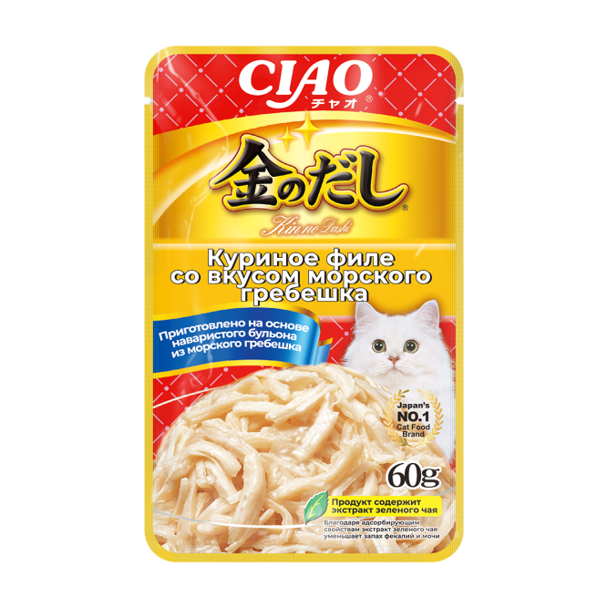 Inaba Ciao Kinnodashi влажный дополнительный корм для взрослых кошек, куриное филе со вкусом морского гребешка в желе, в паучах - 60 г х 24 шт