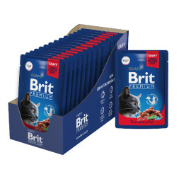 Brit Premium паучи для взрослых кошек с говядиной и горошком кусочки в соусе - 85 г х 14 шт
