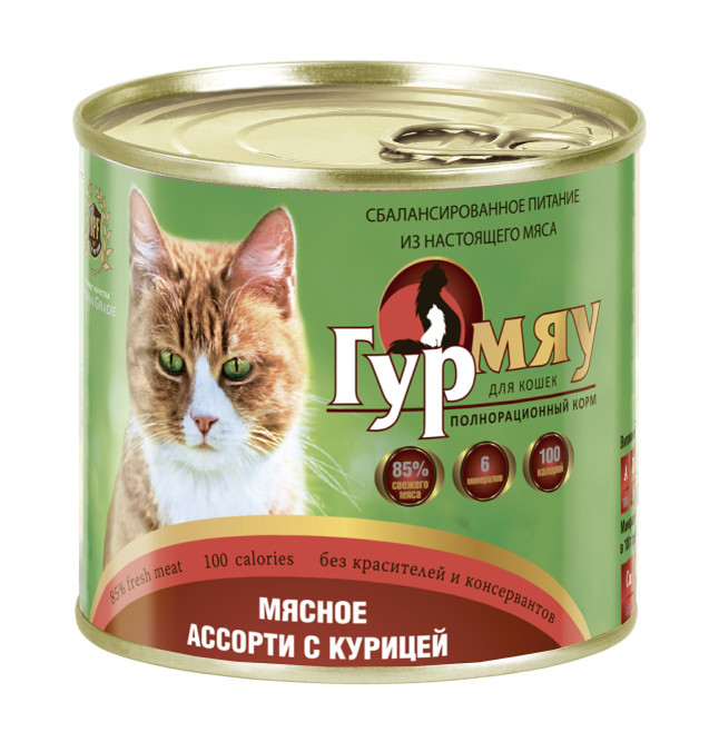 Гурмяу влажный корм для взрослых кошек мясное ассорти с курицей, в консервах - 240 г х 24 шт