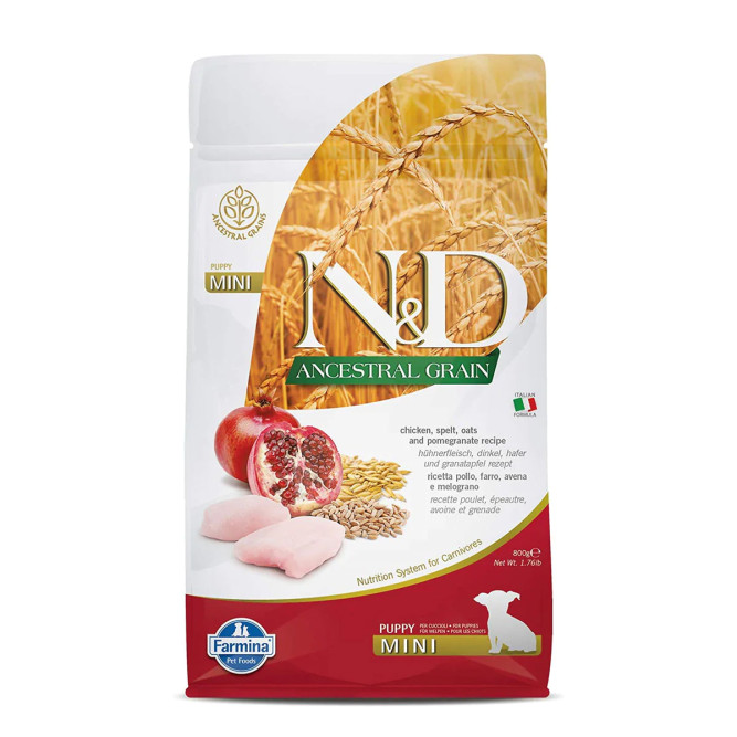 Farmina N&amp;D Ancestral Grain Dog Chicken &amp; Pomegranate Puppy Mini сухой низкозерновой корм для щенков мелких пород с курицей и гранатом - 800 г