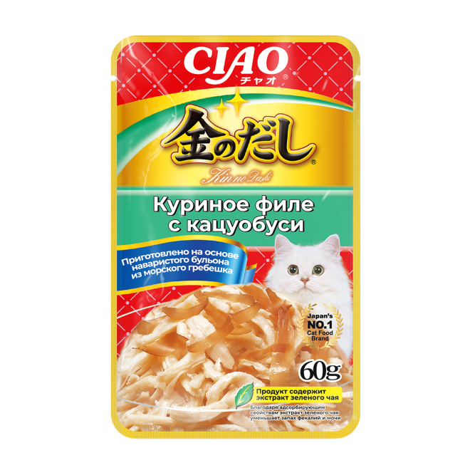 Inaba Ciao Kinnodashi влажный дополнительный корм для взрослых кошек, куриное филе с кацуобуси в желе, в паучах - 60 г х 24 шт