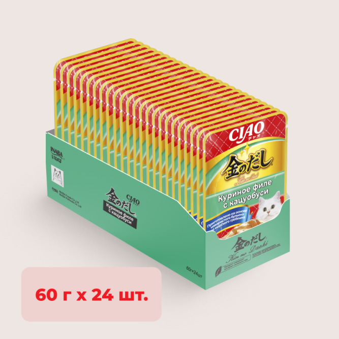 Inaba Ciao Kinnodashi влажный дополнительный корм для взрослых кошек, куриное филе с кацуобуси в желе, в паучах - 60 г х 24 шт