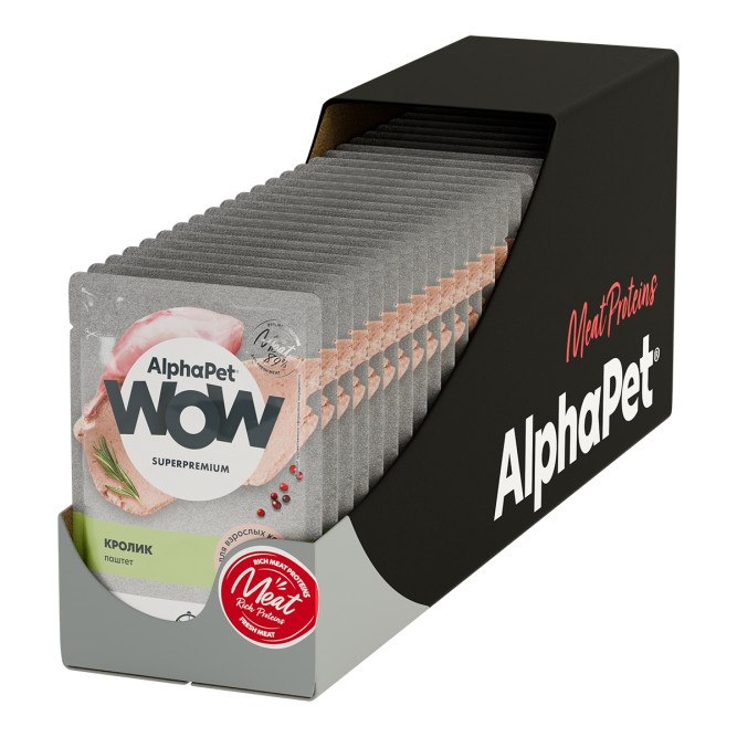 AlphaPet WOW Superpremium влажный корм для взрослых кошек, паштет с кроликом, в паучах - 85 г х 28 шт