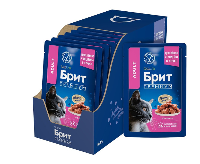 Брит Премиум паучи для взрослых кошек с цыпленком и индейкой кусочки в соусе - 85 г х 14 шт
