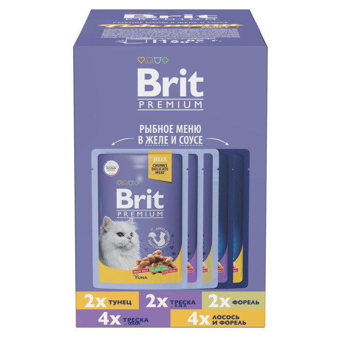 Брит Премиум Особые меню влажный корм для взрослых кошек в паучах, Рыбное меню в соусе и желе - 85 г х 14 шт