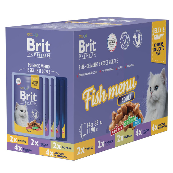 Брит Премиум Особые меню влажный корм для взрослых кошек в паучах, Рыбное меню в соусе и желе - 85 г х 14 шт